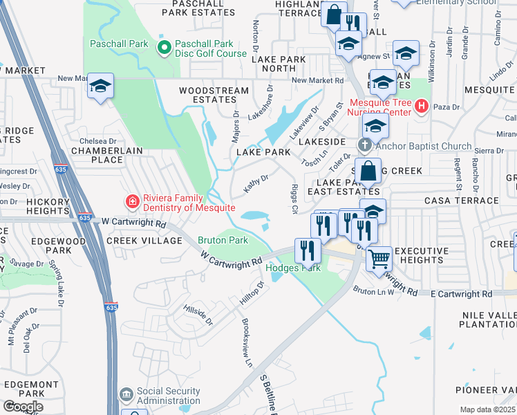 map of restaurants, bars, coffee shops, grocery stores, and more near 500 West Cartwright Road in Mesquite