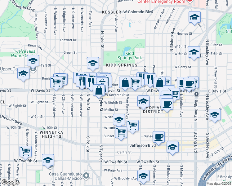 map of restaurants, bars, coffee shops, grocery stores, and more near 738 West Davis Street in Dallas