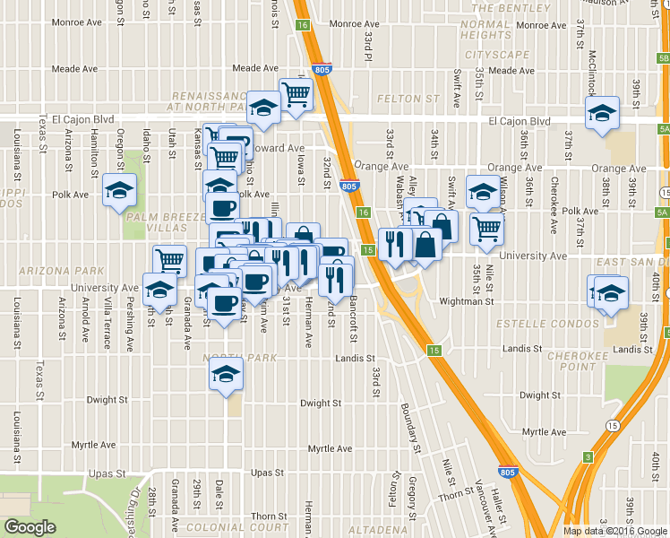 map of restaurants, bars, coffee shops, grocery stores, and more near 3954 Bancroft Street in San Diego