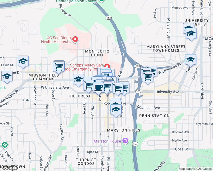map of restaurants, bars, coffee shops, grocery stores, and more near 3964 Fifth Avenue in San Diego