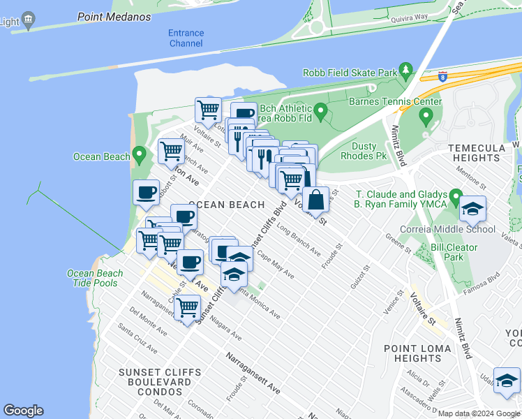 map of restaurants, bars, coffee shops, grocery stores, and more near 4840 Long Branch Avenue in San Diego