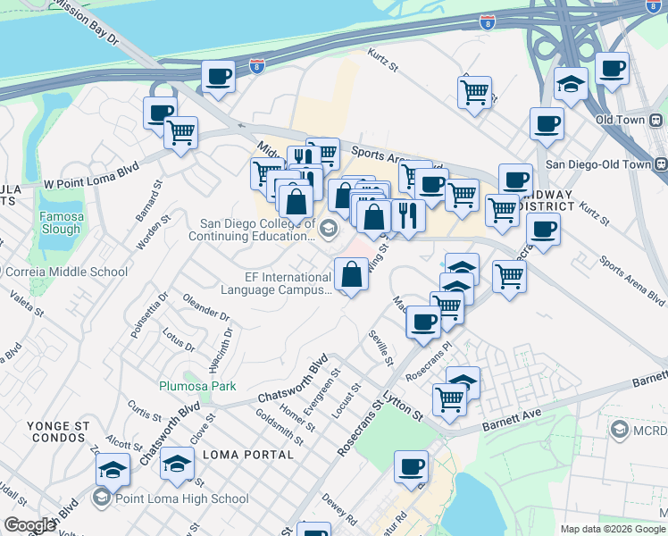 map of restaurants, bars, coffee shops, grocery stores, and more near 3470 Spring Tide Terrace in San Diego