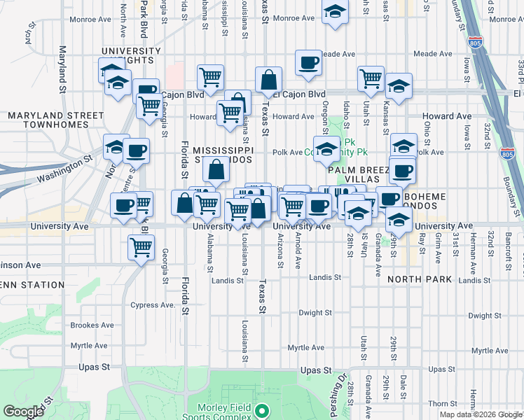 map of restaurants, bars, coffee shops, grocery stores, and more near 3936 Texas Street in San Diego