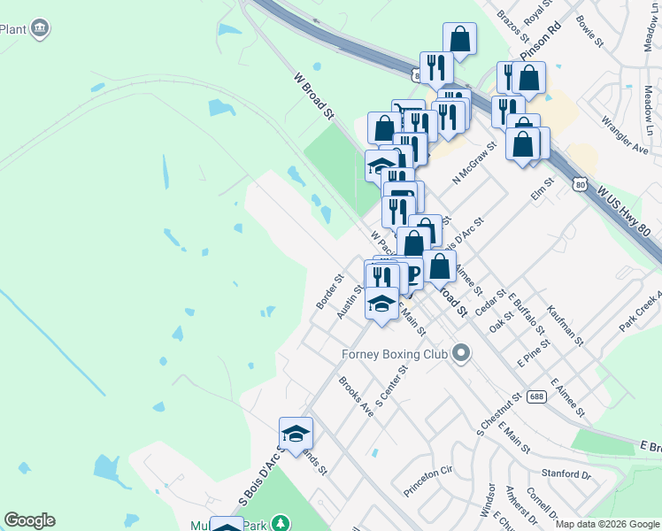 map of restaurants, bars, coffee shops, grocery stores, and more near 311 West Trinity Street in Forney