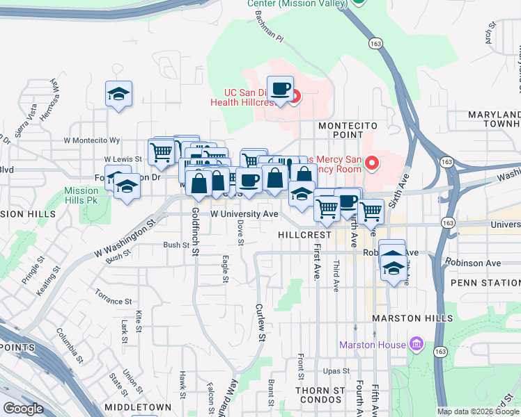map of restaurants, bars, coffee shops, grocery stores, and more near 390 West University Avenue in San Diego