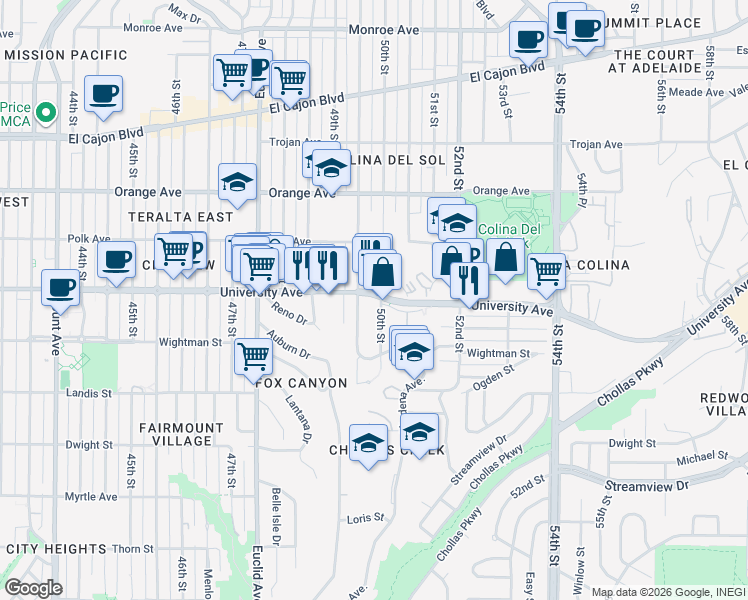 map of restaurants, bars, coffee shops, grocery stores, and more near 4015 50th Street in San Diego