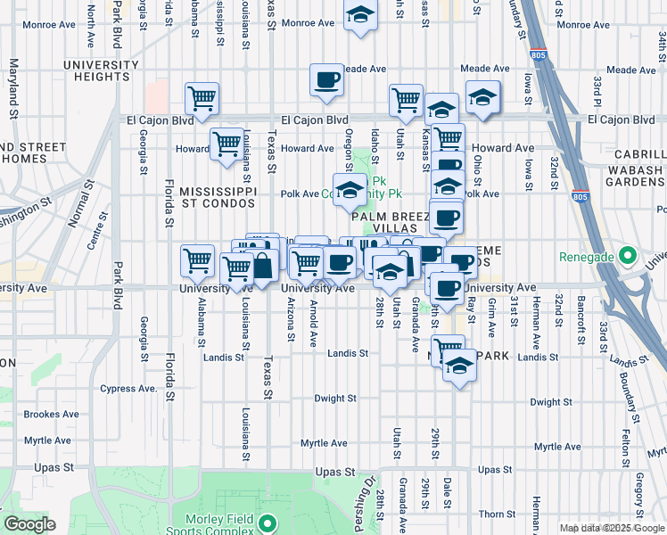 map of restaurants, bars, coffee shops, grocery stores, and more near 3952 Hamilton Street in San Diego
