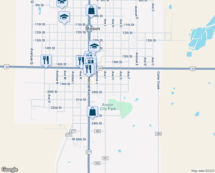 map of restaurants, bars, coffee shops, grocery stores, and more near 1901 Avenue I in Anson
