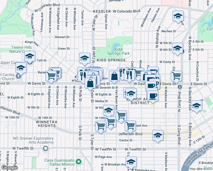 map of restaurants, bars, coffee shops, grocery stores, and more near 736 West Davis Street in Dallas