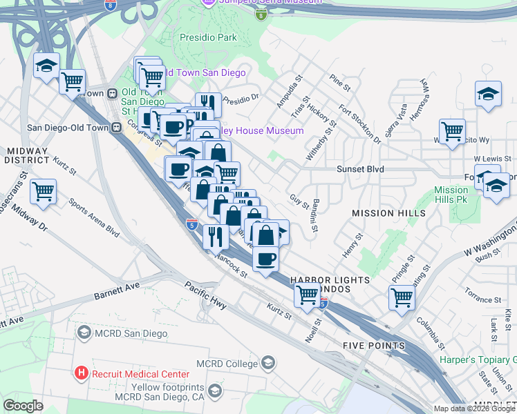 map of restaurants, bars, coffee shops, grocery stores, and more near in San Diego