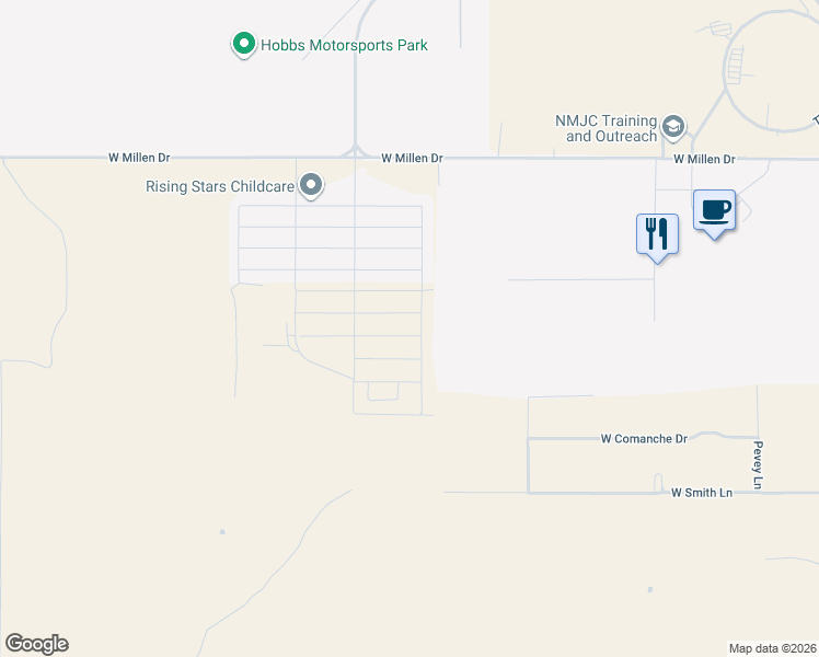 map of restaurants, bars, coffee shops, grocery stores, and more near 4630 North Backstretch Road in Hobbs