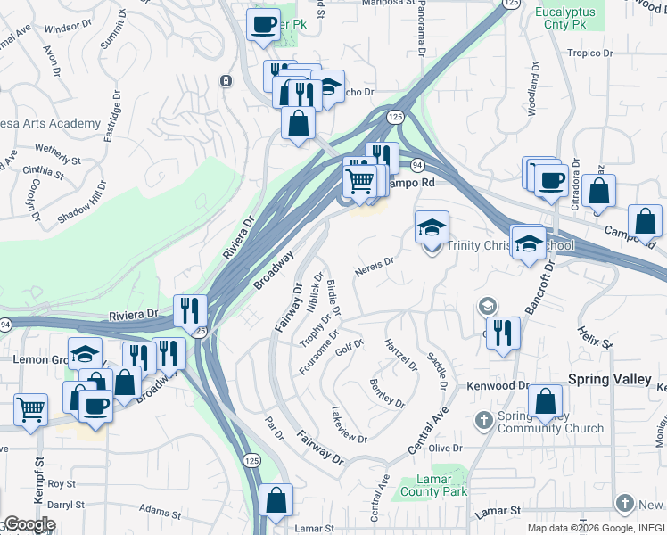 map of restaurants, bars, coffee shops, grocery stores, and more near 3659 Birdie Drive in La Mesa