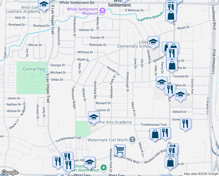 map of restaurants, bars, coffee shops, grocery stores, and more near 916 Meadow Park Drive in White Settlement