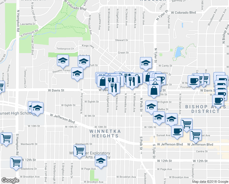 map of restaurants, bars, coffee shops, grocery stores, and more near 1300 W Davis St in Dallas