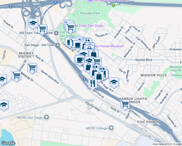 map of restaurants, bars, coffee shops, grocery stores, and more near 2341 Jefferson Street in San Diego