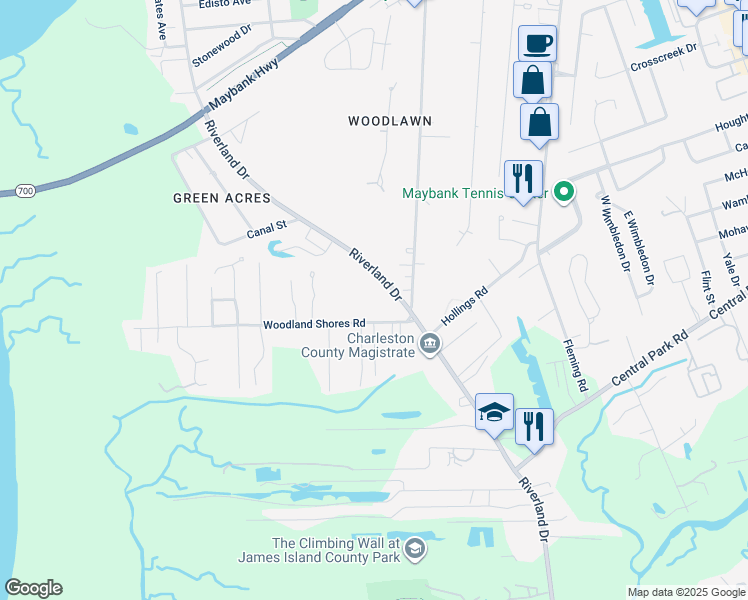 map of restaurants, bars, coffee shops, grocery stores, and more near 581 Riverland Drive in Charleston