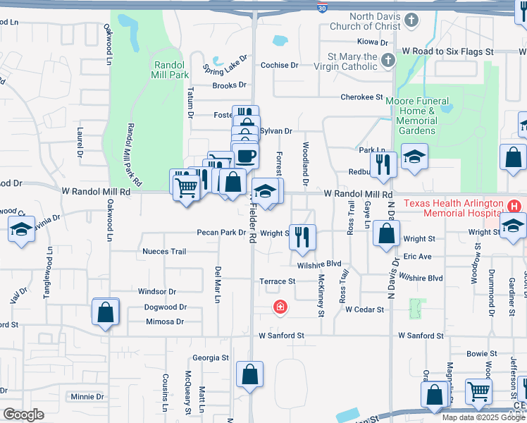 map of restaurants, bars, coffee shops, grocery stores, and more near 1601 Wright Street in Arlington