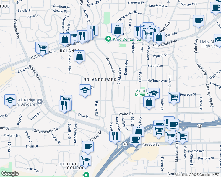 map of restaurants, bars, coffee shops, grocery stores, and more near 3950 Aragon Drive in San Diego
