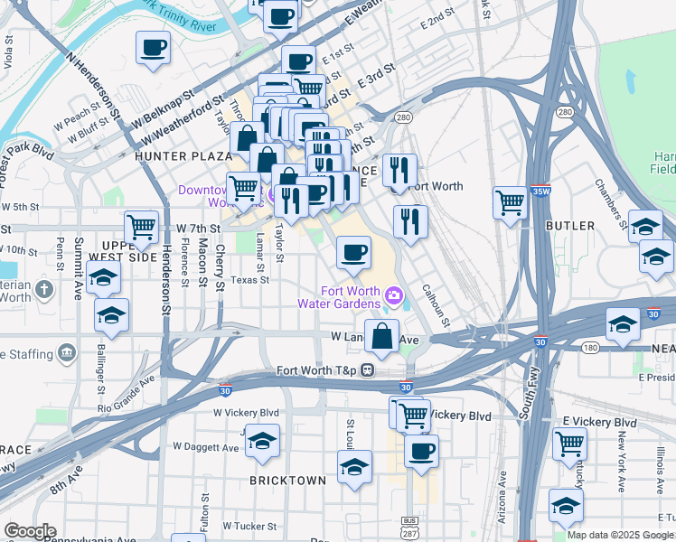 map of restaurants, bars, coffee shops, grocery stores, and more near 1228 Houston Street in Fort Worth