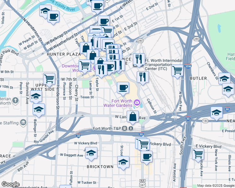 map of restaurants, bars, coffee shops, grocery stores, and more near 1220 Houston Street in Fort Worth