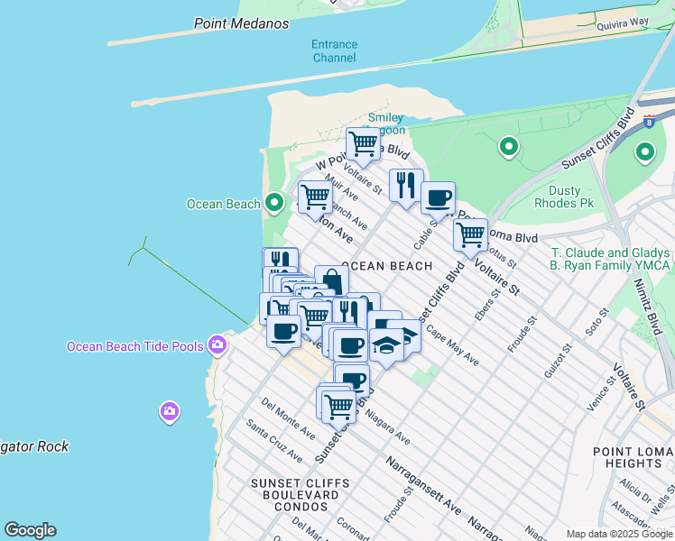 map of restaurants, bars, coffee shops, grocery stores, and more near 5004 Cape May Avenue in San Diego