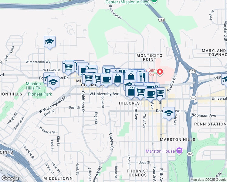 map of restaurants, bars, coffee shops, grocery stores, and more near 340 West University Avenue in San Diego