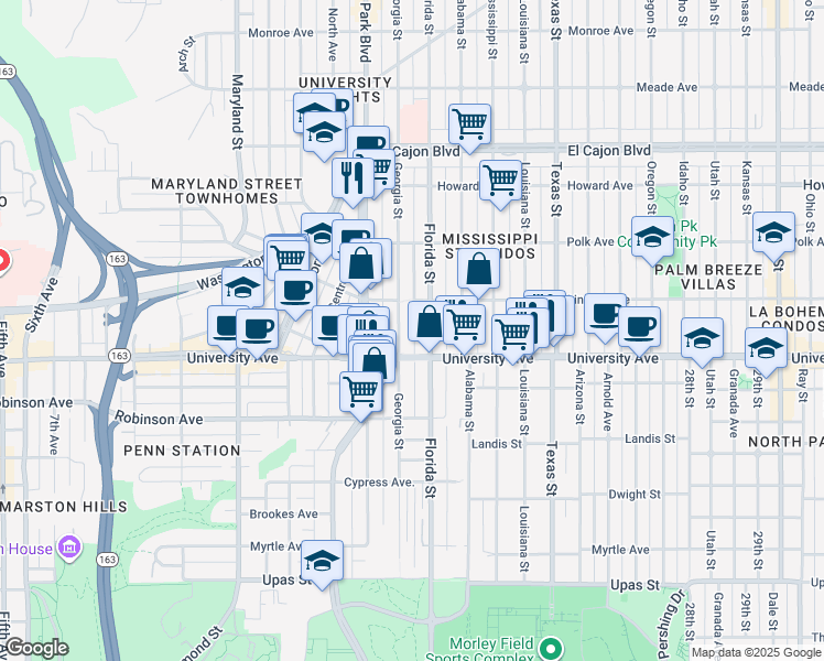 map of restaurants, bars, coffee shops, grocery stores, and more near 3948 Florida Street in San Diego