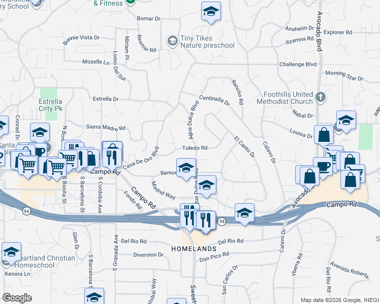 map of restaurants, bars, coffee shops, grocery stores, and more near 10223 Toledo Road in Spring Valley
