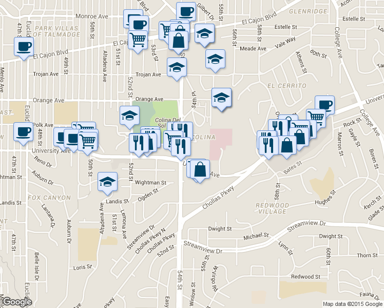 map of restaurants, bars, coffee shops, grocery stores, and more near 5430 University Avenue in San Diego
