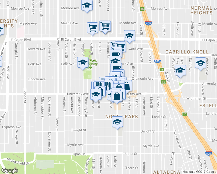 map of restaurants, bars, coffee shops, grocery stores, and more near 3953 Utah Street in San Diego