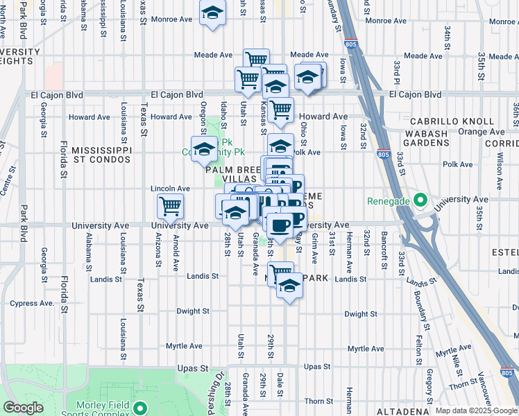 map of restaurants, bars, coffee shops, grocery stores, and more near 3953 Utah Street in San Diego