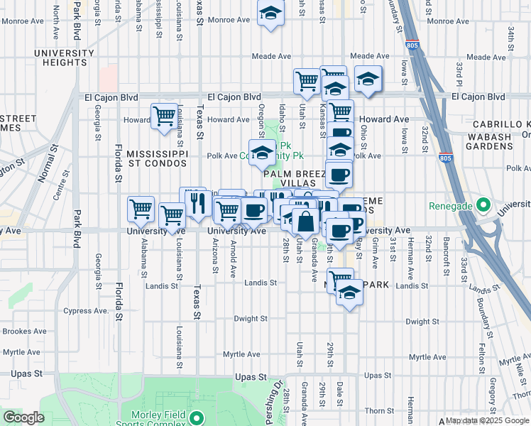 map of restaurants, bars, coffee shops, grocery stores, and more near 3955 Oregon Street in San Diego