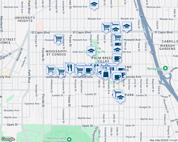 map of restaurants, bars, coffee shops, grocery stores, and more near 3955 Oregon Street in San Diego
