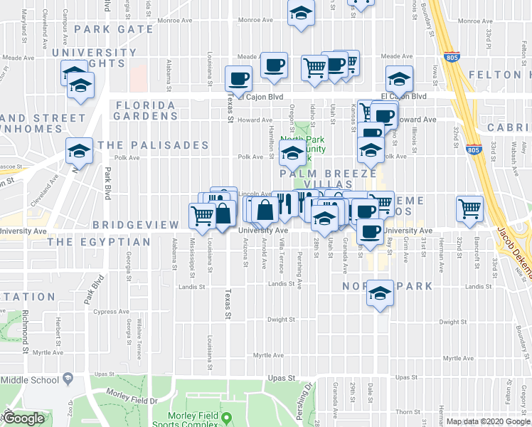 map of restaurants, bars, coffee shops, grocery stores, and more near 3952 Hamilton Street in San Diego