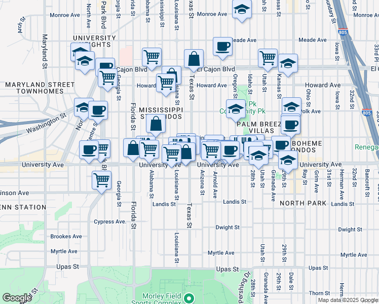 map of restaurants, bars, coffee shops, grocery stores, and more near 3953 Louisiana Street in San Diego
