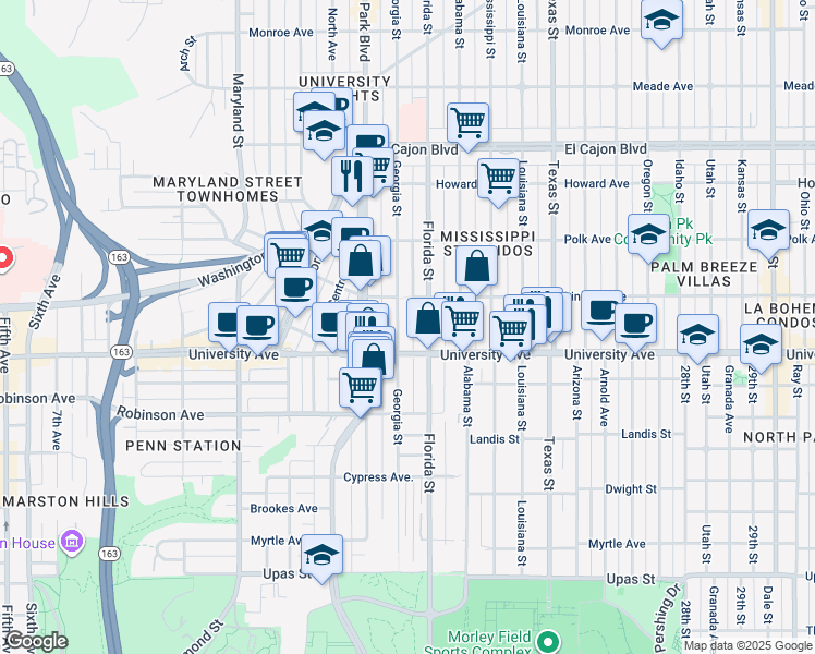 map of restaurants, bars, coffee shops, grocery stores, and more near 3948 Florida Street in San Diego
