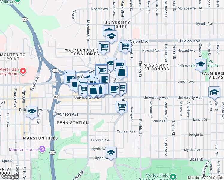 map of restaurants, bars, coffee shops, grocery stores, and more near 3914 Centre Street in San Diego