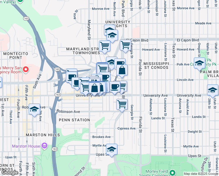 map of restaurants, bars, coffee shops, grocery stores, and more near 3914 Centre Street in San Diego