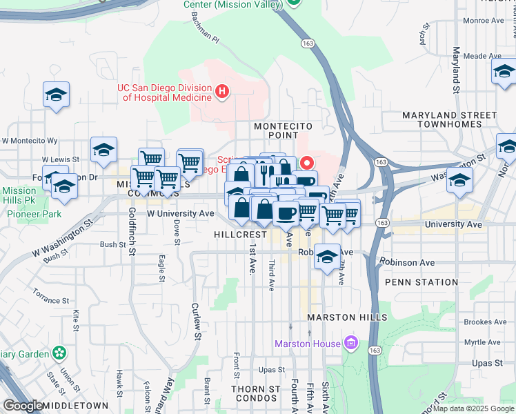 map of restaurants, bars, coffee shops, grocery stores, and more near 3969 1st Avenue in San Diego