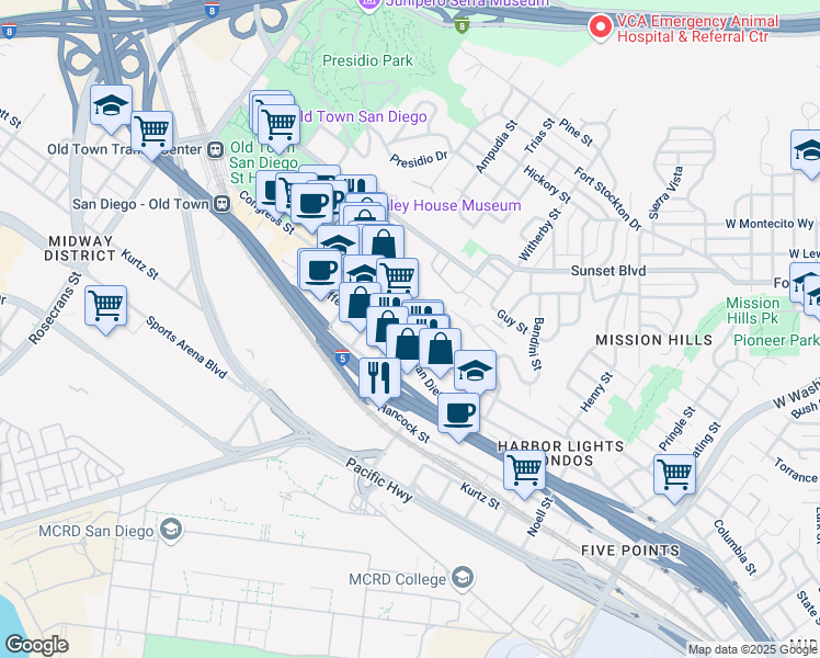 map of restaurants, bars, coffee shops, grocery stores, and more near 2250-2296 Congress Street in San Diego