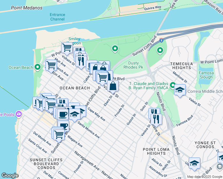 map of restaurants, bars, coffee shops, grocery stores, and more near 4719 Lotus Street in San Diego