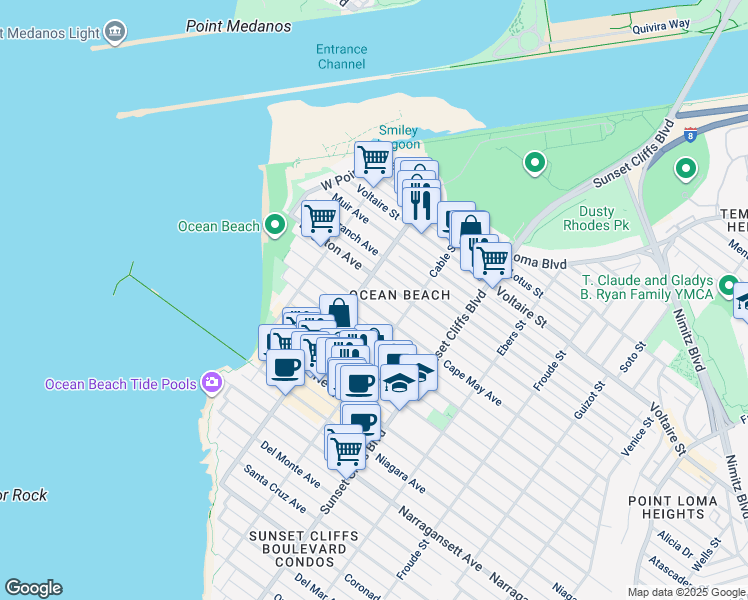map of restaurants, bars, coffee shops, grocery stores, and more near in San Diego