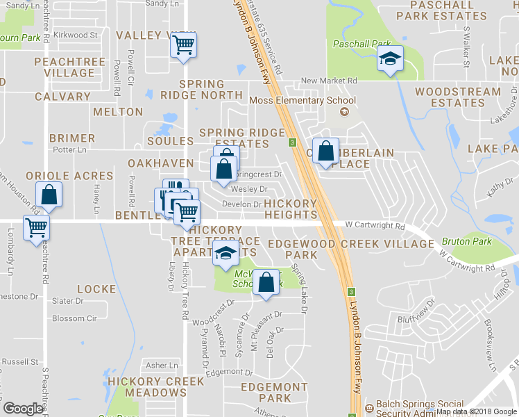 map of restaurants, bars, coffee shops, grocery stores, and more near 1406 Develon Dr in Mesquite