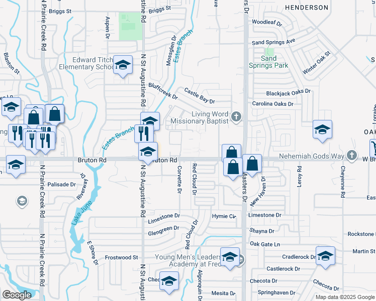 map of restaurants, bars, coffee shops, grocery stores, and more near 9907 Bruton Road in Dallas
