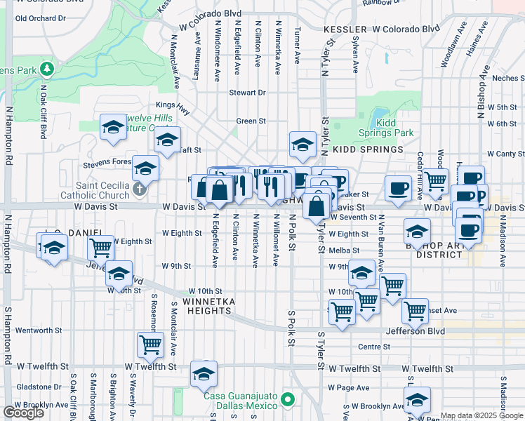 map of restaurants, bars, coffee shops, grocery stores, and more near 1205 West Davis Street in Dallas