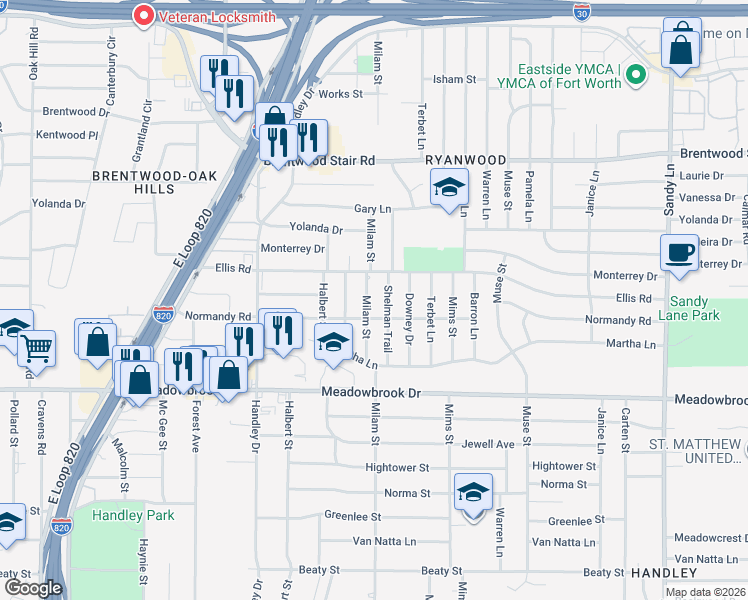 map of restaurants, bars, coffee shops, grocery stores, and more near 1959 Milam Street in Fort Worth