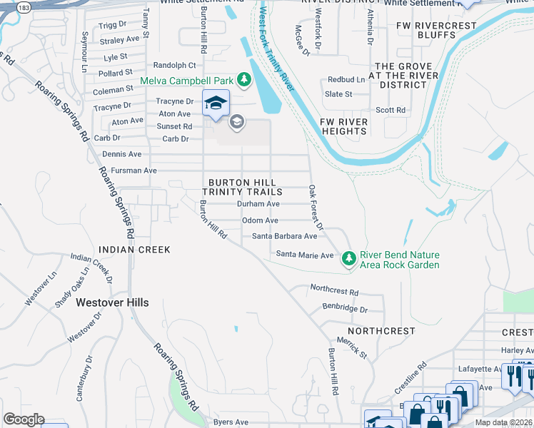 map of restaurants, bars, coffee shops, grocery stores, and more near 5445 Durham Avenue in Fort Worth