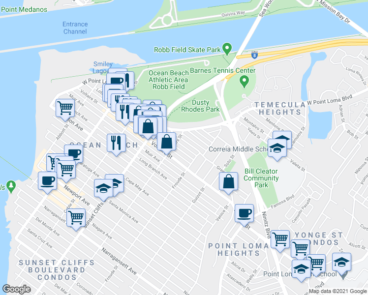 map of restaurants, bars, coffee shops, grocery stores, and more near 4660 Lotus Street in San Diego