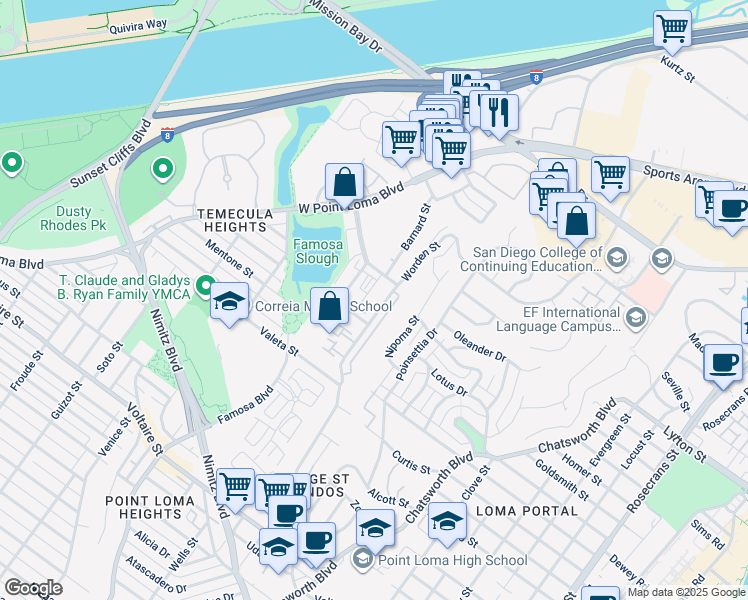 map of restaurants, bars, coffee shops, grocery stores, and more near 2799 Adrian Street in San Diego