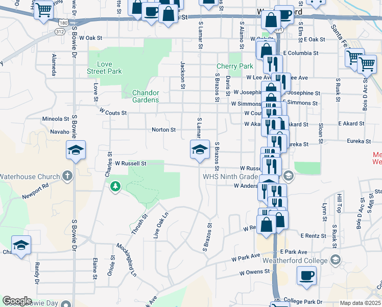 map of restaurants, bars, coffee shops, grocery stores, and more near 904 South Lamar Street in Weatherford